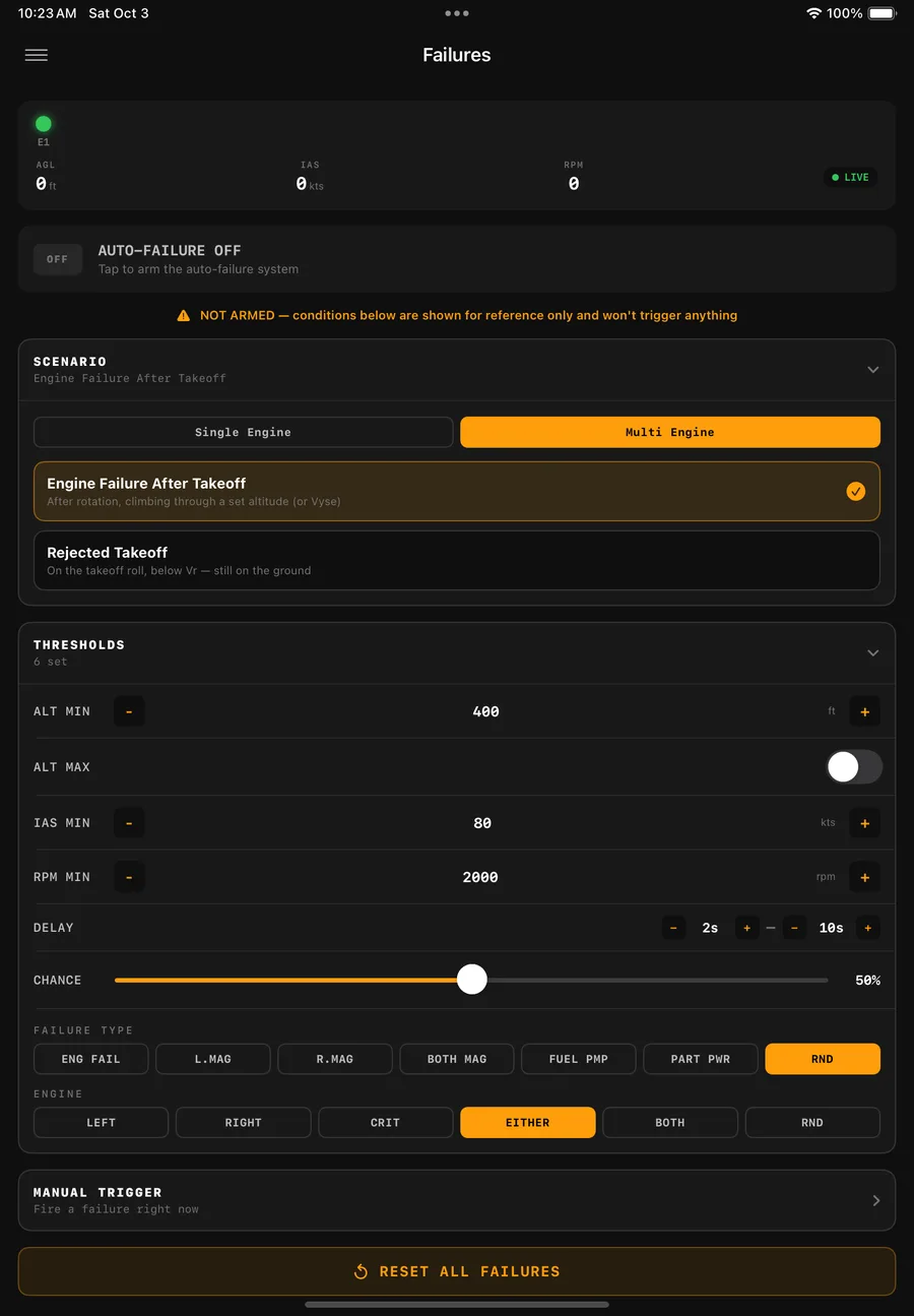 Coach's Failures setup for Engine Failure After Takeoff: Multi Engine mode, a 400 ft / 80 kt / 2000 rpm arming band, a 2–10 second randomized delay, and a 50% randomized chance to fire at all.
