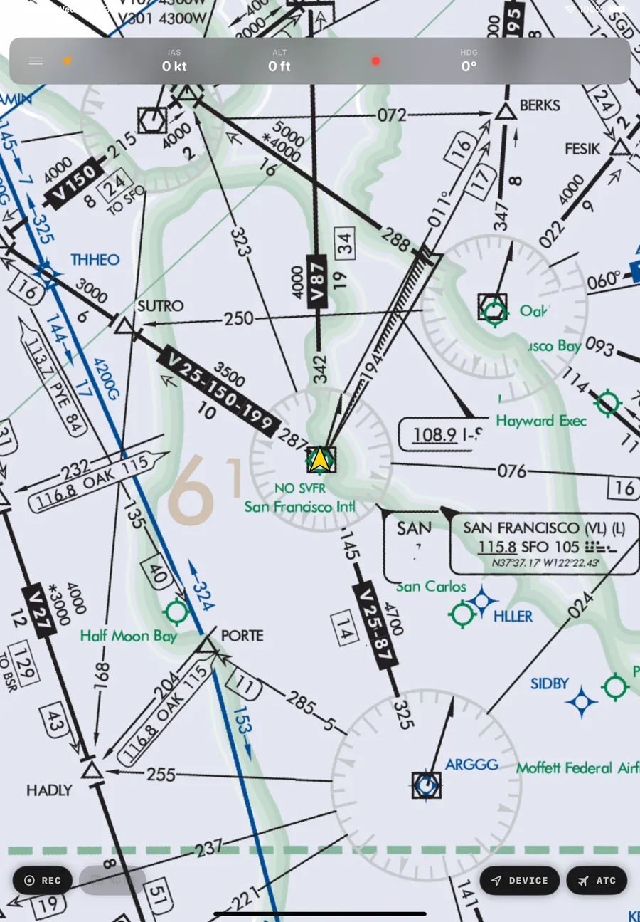IFR Low enroute chart in Coach, showing real published airways, intersections, and navaids around San Francisco Bay.