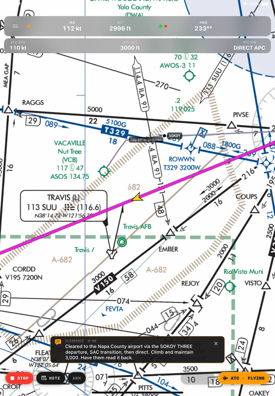 Coach showing a live virtual flight en route from KVCB to KAPC on a real VFR sectional chart, past SOKOY toward the SAC VORTAC, with the ATC clearance readout visible.