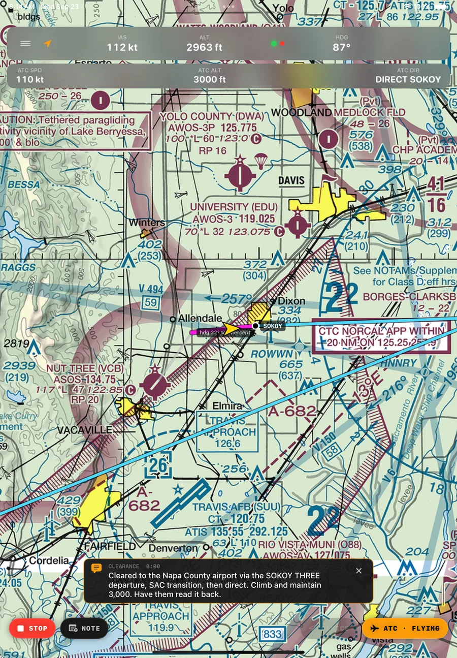 Coach showing a live virtual flight on a VFR sectional chart, with a real ATC clearance readout: cleared to Napa County via the SOKOY THREE departure, SAC transition, then direct, climb and maintain 3,000.