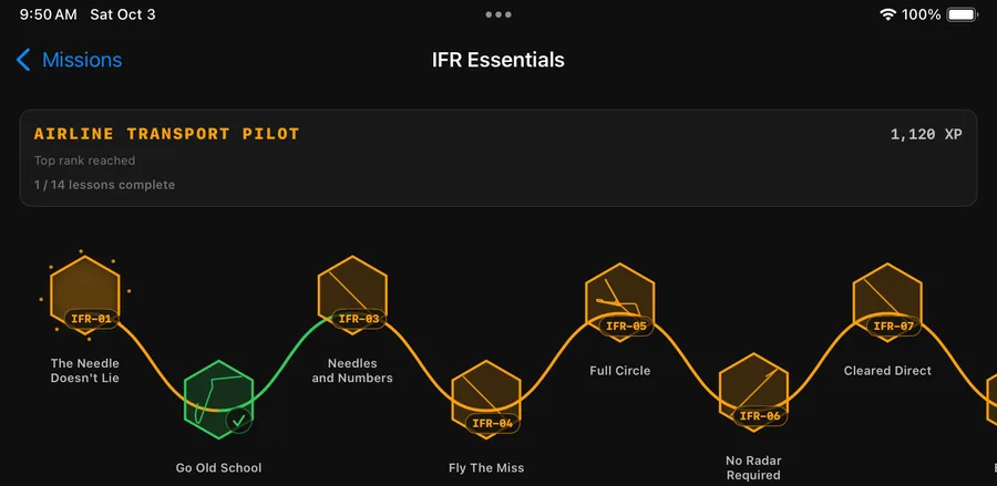 Coach's Missions trail for IFR Essentials — a hex-node progression map with a rank banner (Airline Transport Pilot, 1,120 XP) and one lesson already completed.