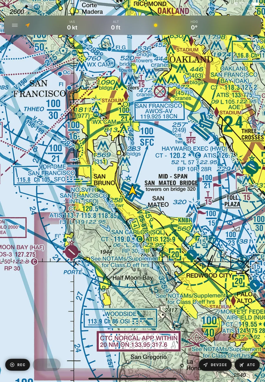 Detailed VFR sectional chart rendering over the San Francisco Bay Area inside the Coach app.